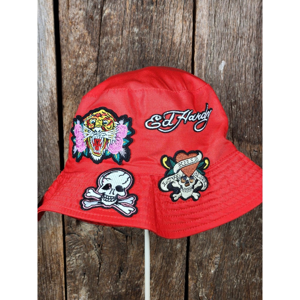 Ed Hardy Bucket Hat Red Patches Y2K